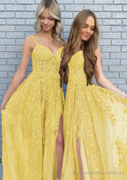 A-line V Neck Spaghetti Straps Long/Floor-Length Lace Prom Dresses With Split