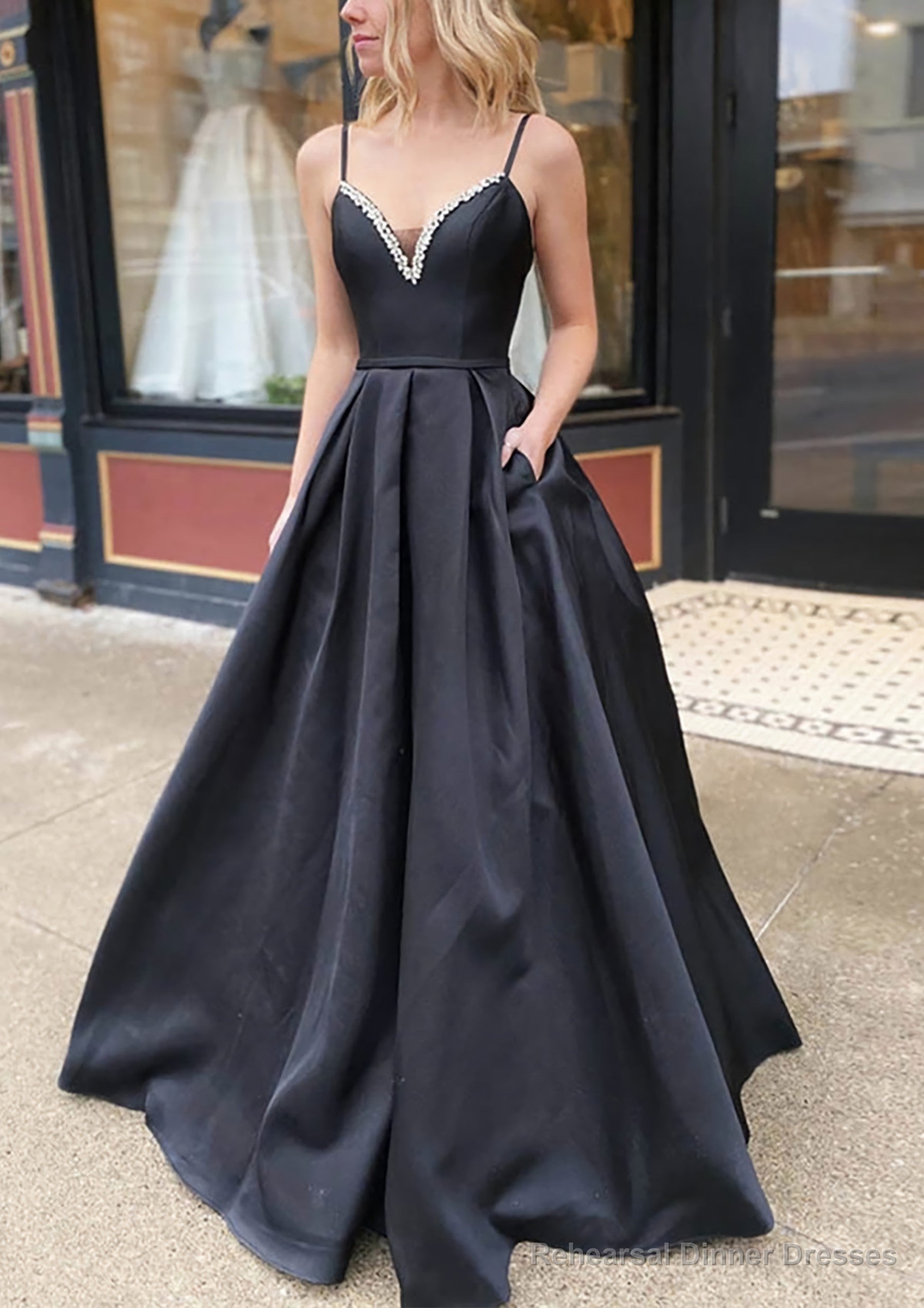 A-line V Neck Spaghetti Straps Long/Floor-Length Satin Prom Dresses With Beading Pockets Main image