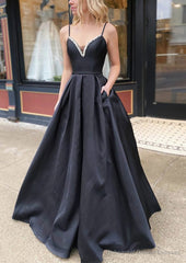 A-line V Neck Spaghetti Straps Long/Floor-Length Satin Prom Dresses With Beading Pockets