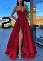 A-line V Neck Spaghetti Straps Long/Floor-Length Satin Prom Dresses With Split Pockets Beading