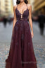 Tulle Cabernet Evening Prom Dress A-line V Neck Spaghetti Straps Long/Floor-Length With Beading Sequins Appliqued