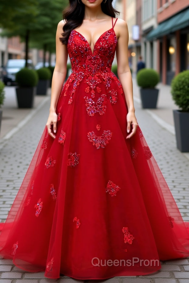 A-line V Neck Spaghetti Straps Long/Floor-Length Tulle Evening Prom Dress With Appliqued Beading Main image