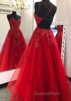 A-line V Neck Spaghetti Straps Long/Floor-Length Tulle Evening Prom Dress With Appliqued Beading