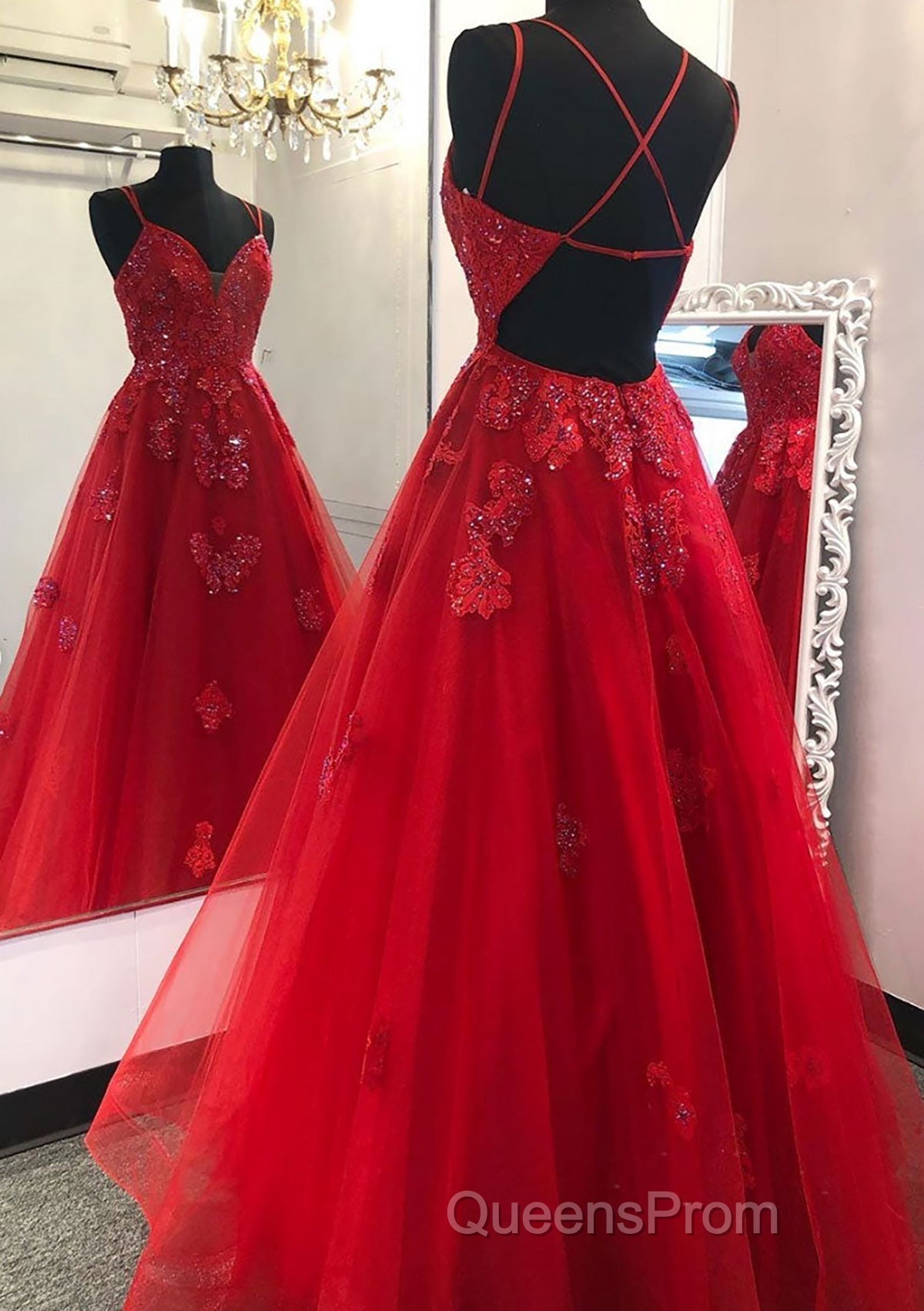 A-line V Neck Spaghetti Straps Long/Floor-Length Tulle Evening Prom Dress With Appliqued Beading