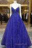 A-line V Neck Spaghetti Straps Long/Floor-Length Tulle Evening Prom Dress With Appliqued Beading Glitter