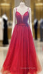 A-line V Neck Spaghetti Straps Long/Floor-Length Tulle Evening Prom Dress With Appliqued Beading Pleated Glitter