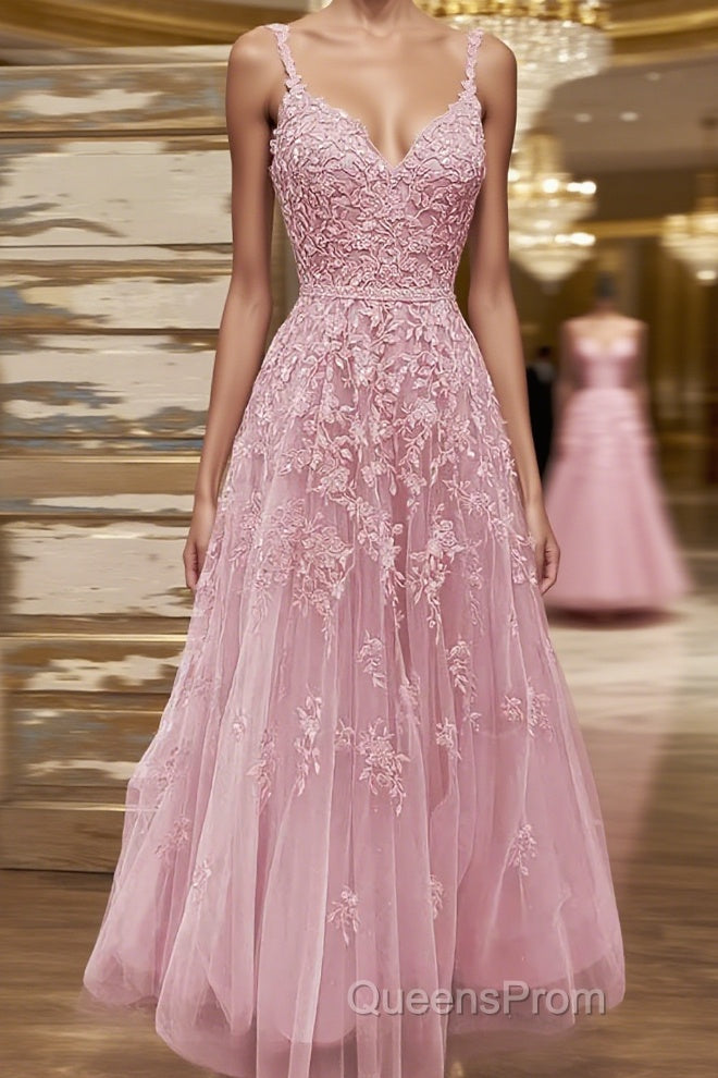 A-line V Neck Spaghetti Straps Long/Floor-Length Tulle Evening Prom Dress With Beading Lace Pockets Sequins Main image