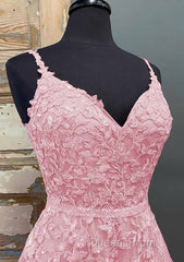 A-line V Neck Spaghetti Straps Long/Floor-Length Tulle Evening Prom Dress With Beading Lace Pockets Sequins