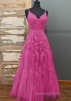 A-line V Neck Spaghetti Straps Long/Floor-Length Tulle Evening Prom Dress With Beading Lace Pockets Sequins