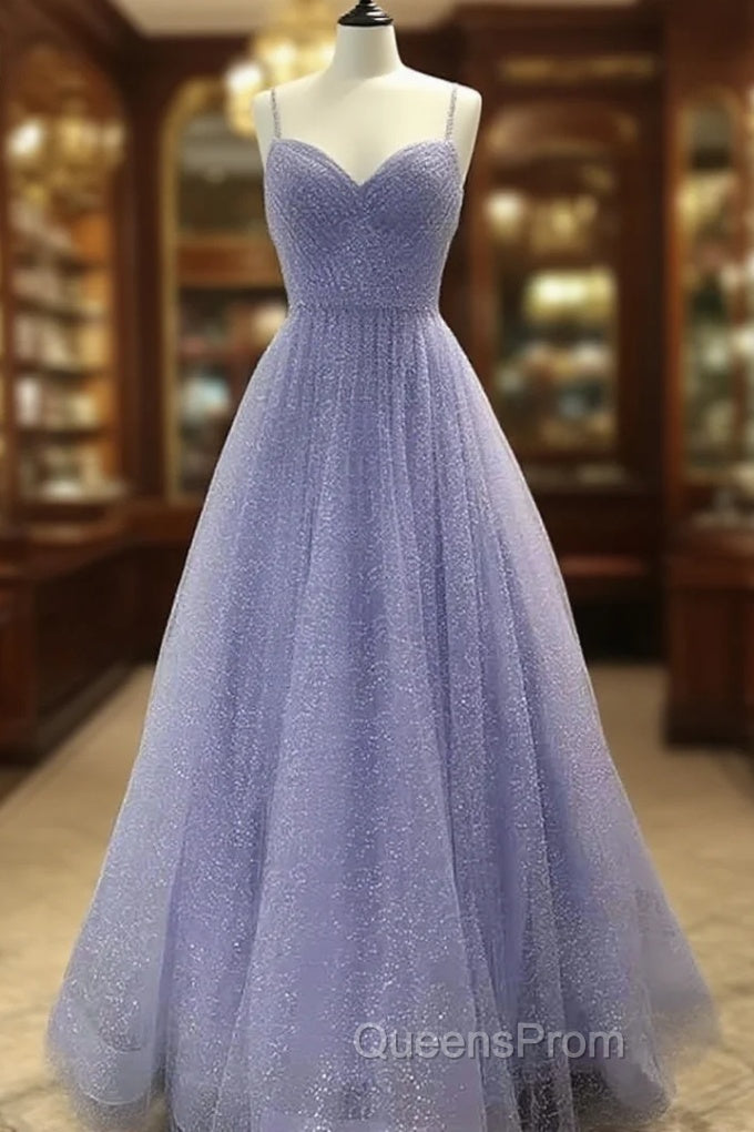 A-line V Neck Spaghetti Straps Long/Floor-Length Tulle Evening Prom Dress With Beading Sequins