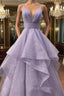 A-line V Neck Spaghetti Straps Long/Floor-Length Tulle Evening Prom Dress With Pleated Glitter