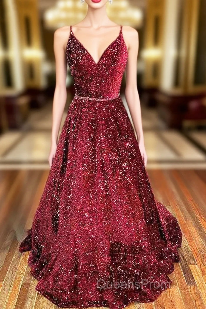A-line V Neck Spaghetti Straps Long/Floor-Length Velvet Sequins Evening Prom Dress With Beading