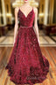 A-line V Neck Spaghetti Straps Long/Floor-Length Velvet Sequins Evening Prom Dress With Beading