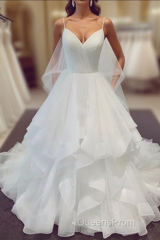 A-line V Neck Spaghetti Straps Puffy White Long Wedding Dress Main image