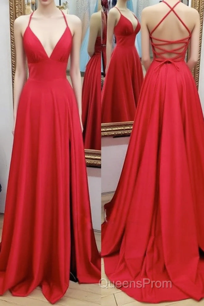 A-line V Neck Spaghetti Straps Sweep Train Charmeuse Evening Prom Dress With Pleated Split