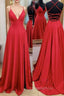 A-line V Neck Spaghetti Straps Sweep Train Charmeuse Evening Prom Dress With Pleated Split