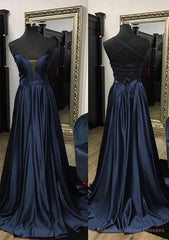 A-line V Neck Spaghetti Straps Sweep Train Charmeuse Prom Dresses With Split