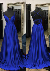 A-line V Neck Spaghetti Straps Sweep Train Charmeuse Prom Dresses With Split