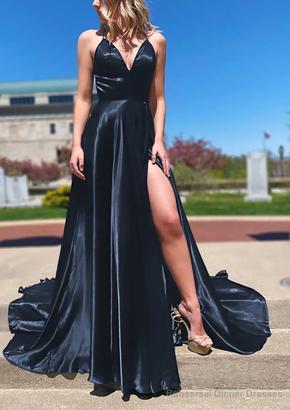 A-line V Neck Spaghetti Straps Sweep Train Charmeuse Prom Dresses With Split