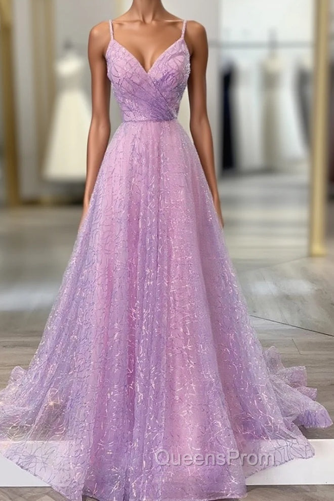 Unique Evening Prom Dress, A-line V Neck Spaghetti Straps Sweep Train Sequined Evening Prom Dress With Pleated Main image