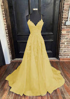 A-line V Neck Spaghetti Straps Sweep Train Tulle Prom Dresses With Appliqued