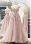 A-line V Neck Spaghetti Straps Sweep Train Tulle Prom Dresses With Appliqued Beading