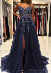 A-line V Neck Spaghetti Straps Sweep Train Tulle Prom Dresses With Beading Sequins Split
