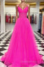 A-line V Neck Spaghetti Straps Sweep Train Tulle Evening Prom Dress With Pleated
