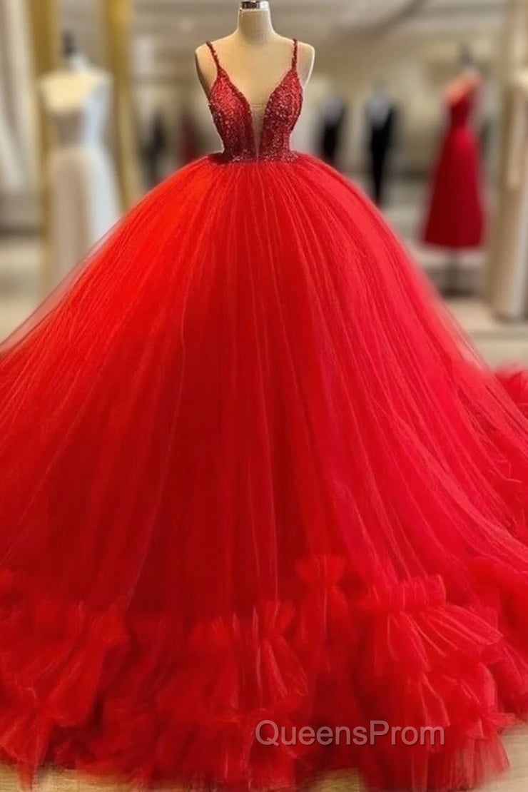 A-Line V-Neck Spaghetti Straps Tulle Gorgeous Ball Evening Prom Dress With Beading Main image