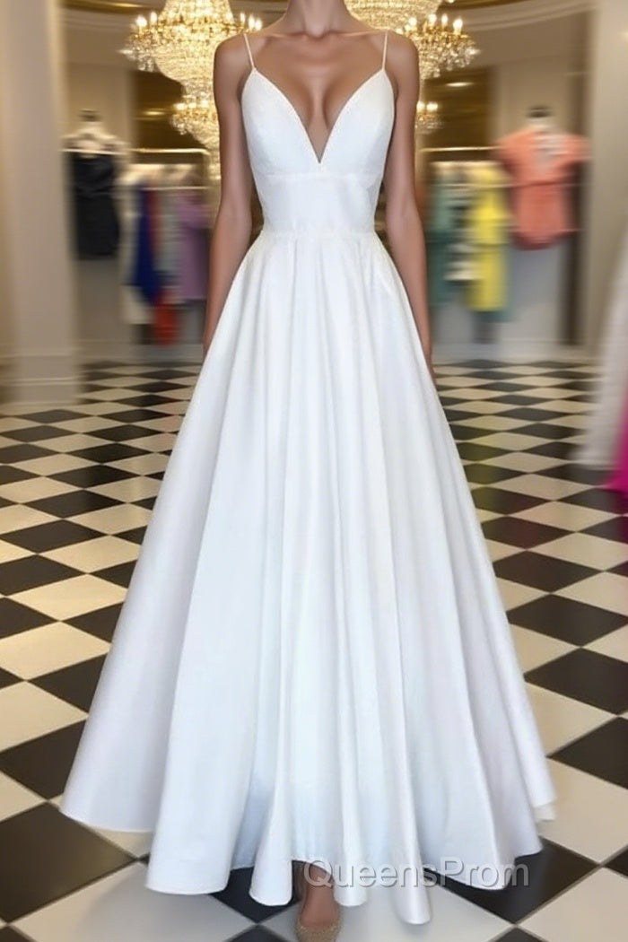 A Line V Neck Spaghetti Straps White Evening Prom Dress, V Neck White Formal Graduation Evening Dress Main image