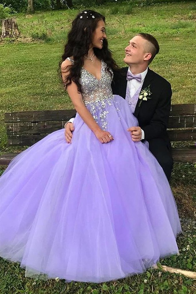 A-Line V-Neck Sweep Train Beaded Classy Prom Dress Secondary image