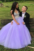 A-Line V-Neck Sweep Train Beaded Classy Prom Dress