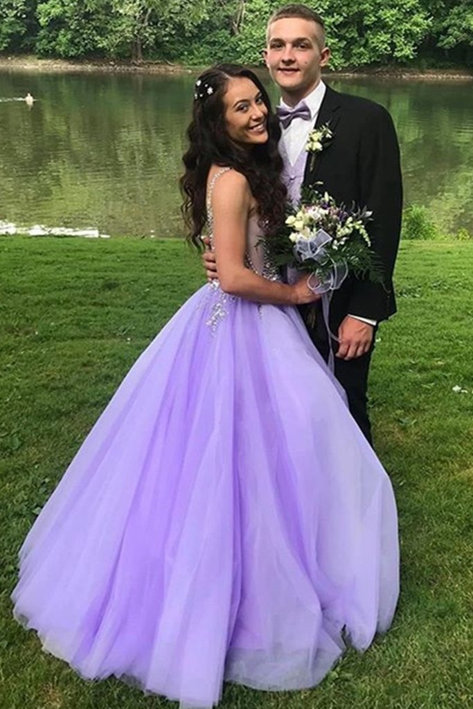 A-Line V-Neck Sweep Train Beaded Classy Prom Dress