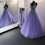 A-Line V-Neck Sweep Train Beaded Classy Prom Dress