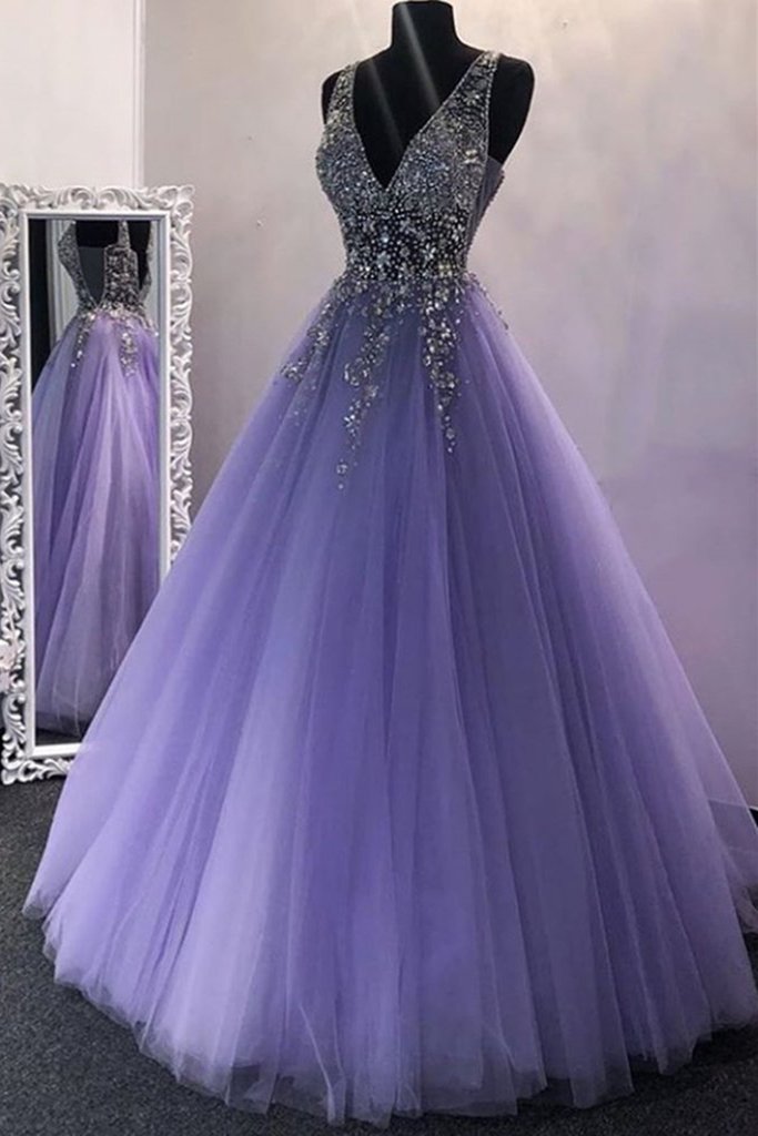 A-Line V-Neck Sweep Train Beaded Classy Prom Dress