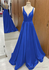 A-line V Neck Sweep Train Satin Prom Dresses With Pleated