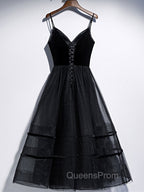 A Line V Neck Tea Length Black Velvet Evening Prom Dress, Black Tea Length Graduation Homecoming Dress
