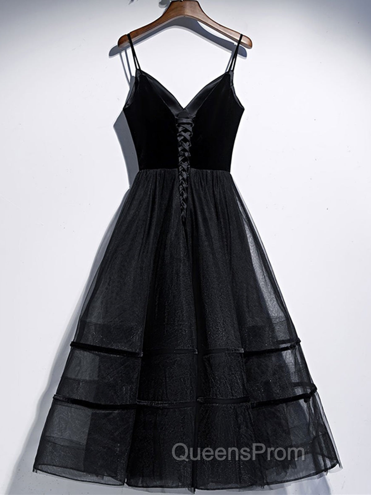 A Line V Neck Tea Length Black Velvet Evening Prom Dress, Black Tea Length Graduation Homecoming Dress