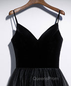 A Line V Neck Tea Length Black Velvet Evening Prom Dress, Black Tea Length Graduation Homecoming Dress