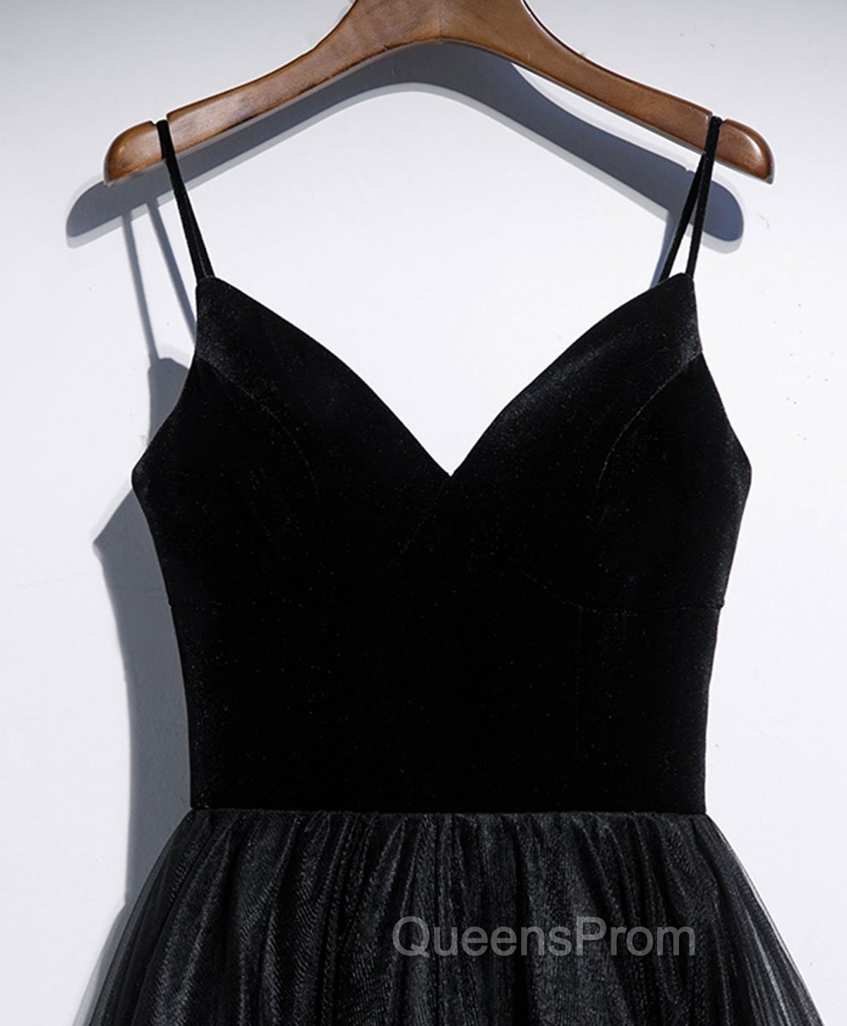 A Line V Neck Tea Length Black Velvet Evening Prom Dress, Black Tea Length Graduation Homecoming Dress