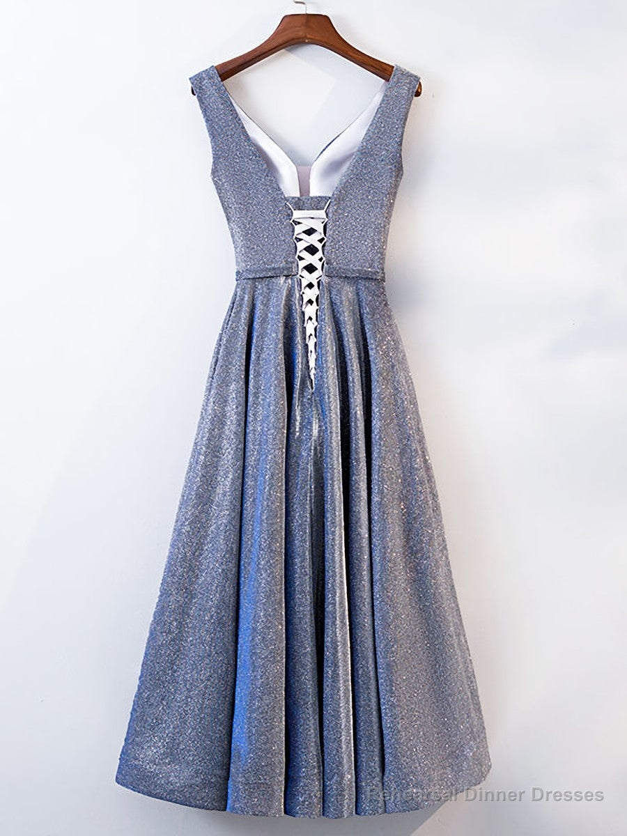 A Line V Neck Tea Length Gray/Pink Prom Dresses, Shiny Tea Length Formal Dresses Main image