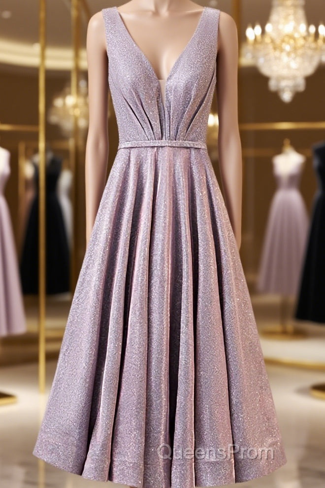 A Line V Neck Tea Length Evening Prom Dress, Shiny Tea Length Formal Evening Dress Main image