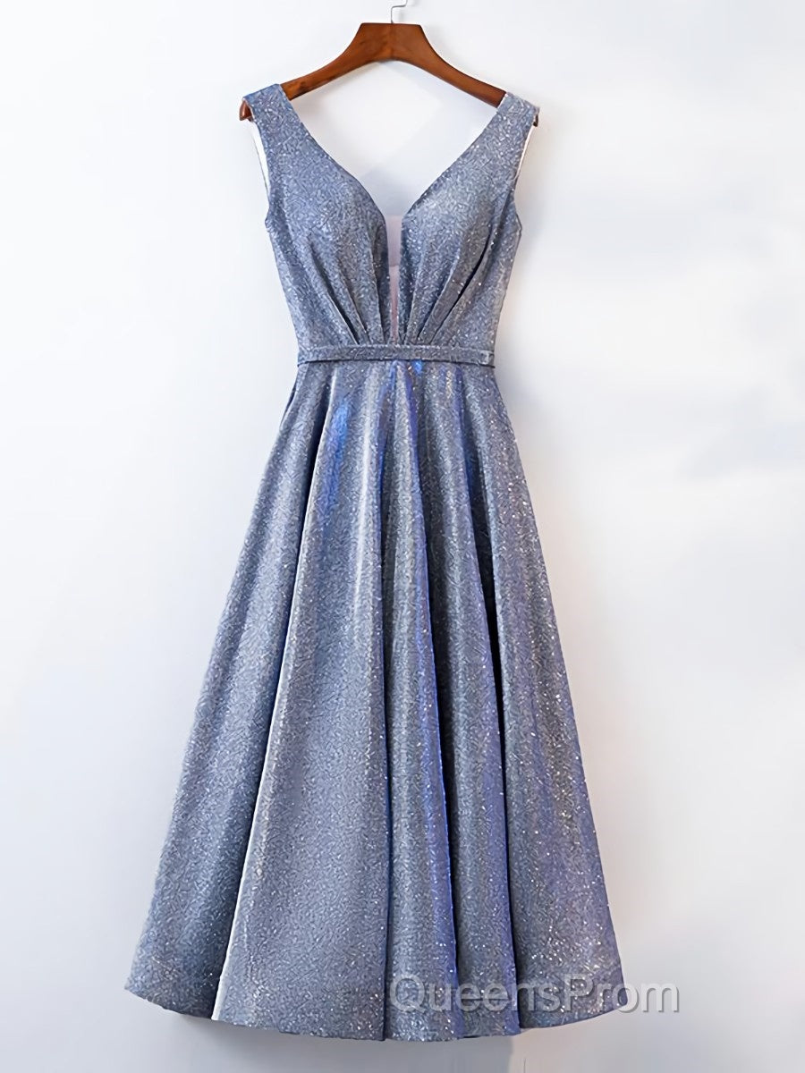 A Line V Neck Tea Length Evening Prom Dress, Shiny Tea Length Formal Evening Dress Secondary image