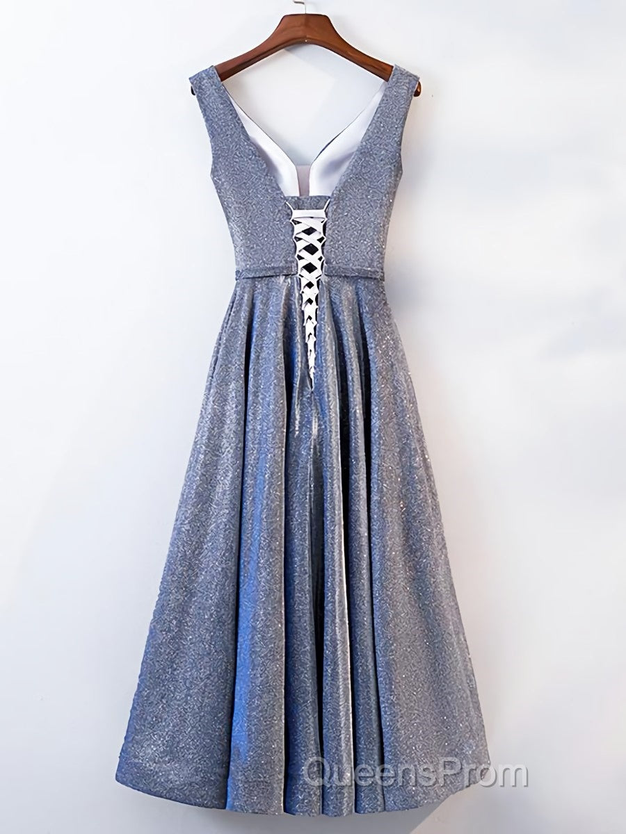 A Line V Neck Tea Length Evening Prom Dress, Shiny Tea Length Formal Evening Dress