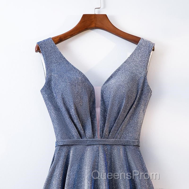 A Line V Neck Tea Length Evening Prom Dress, Shiny Tea Length Formal Evening Dress
