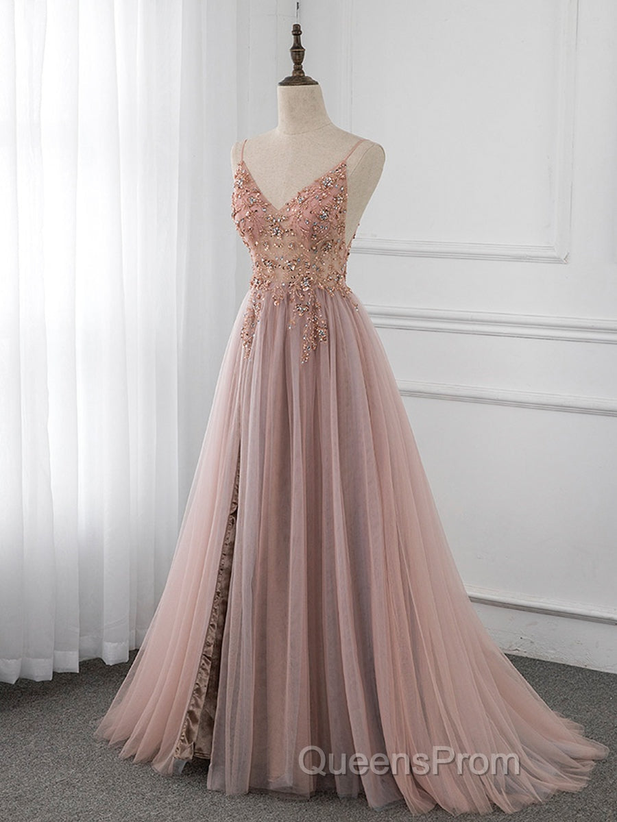A-Line V Neck Tulle Beading Pink Long Evening Prom Dress. Pink Formal Dress Secondary image