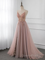 A-Line V Neck Tulle Beading Pink Long Evening Prom Dress. Pink Formal Dress