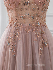 A-Line V Neck Tulle Beading Pink Long Evening Prom Dress. Pink Formal Dress