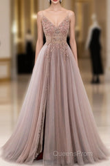 A-Line V Neck Tulle Beading Pink Long Evening Prom Dress. Pink Formal Dress