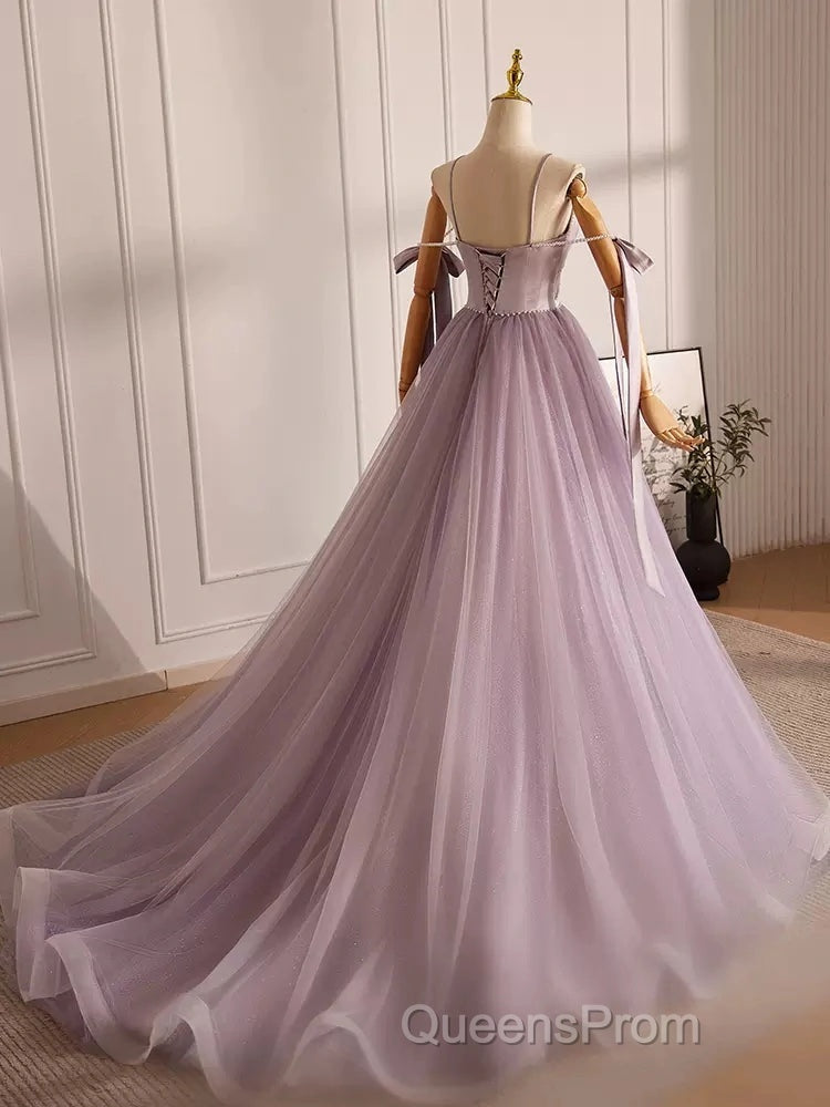 A-Line V Neck Tulle Beads Purple Long Evening Prom Dress, Purple Long Formal Dress Secondary image